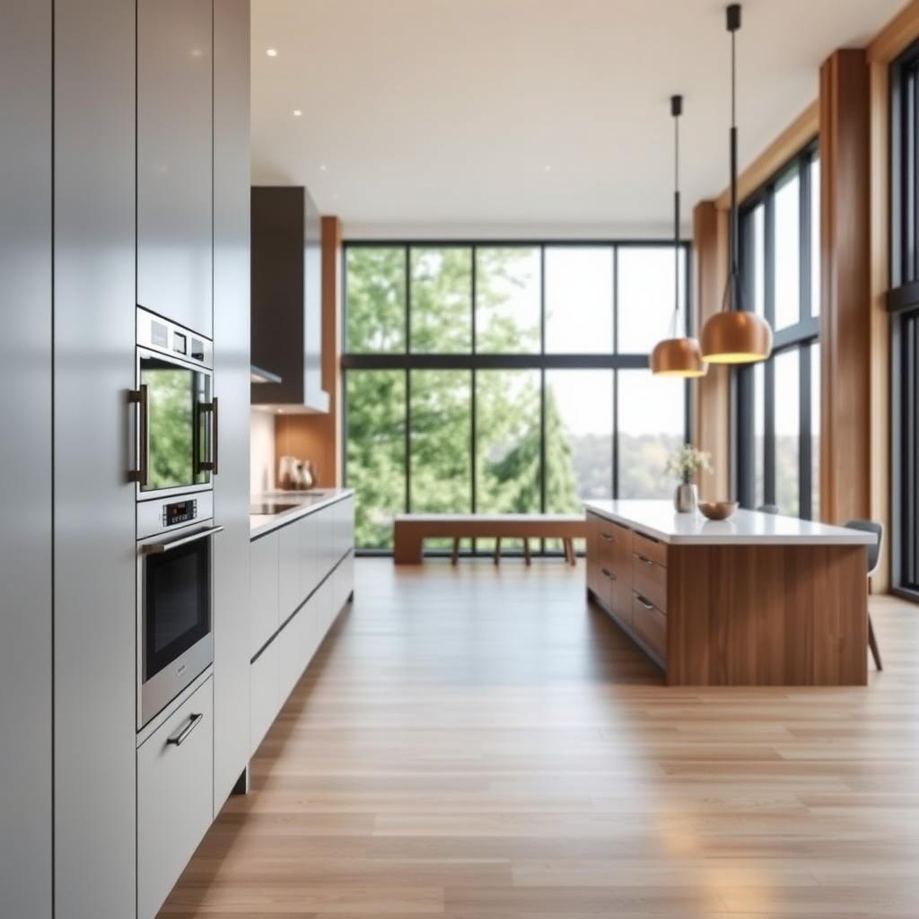 A spacious, modern kitchen with a sleek and minimalist design. In the foreground, a sleek microwave drawer is nestled seamlessly into the cabinetry, blending harmoniously with the clean, contemporary lines. The middle ground showcases a beautifully crafted island with a smooth, quartz countertop, providing ample workspace and seating for a relaxed and efficient cooking experience. The background features large, floor-to-ceiling windows that flood the room with natural light, creating a bright and airy atmosphere. Soft, indirect lighting casts a warm glow, complementing the neutral color palette and natural wood accents that convey a sense of sophistication and timeless style. A spacious, modern kitchen with a sleek and minimalist design. In the foreground, a sleek microwave drawer is nestled seamlessly into the cabinetry, blending harmoniously with the clean, contemporary lines. The middle ground showcases a beautifully crafted island with a smooth, quartz countertop, providing ample workspace and seating for a relaxed and efficient cooking experience. The background features large, floor-to-ceiling windows that flood the room with natural light, creating a bright and airy atmosphere. Soft, indirect lighting casts a warm glow, complementing the neutral color palette and natural wood accents that convey a sense of sophistication and timeless style.