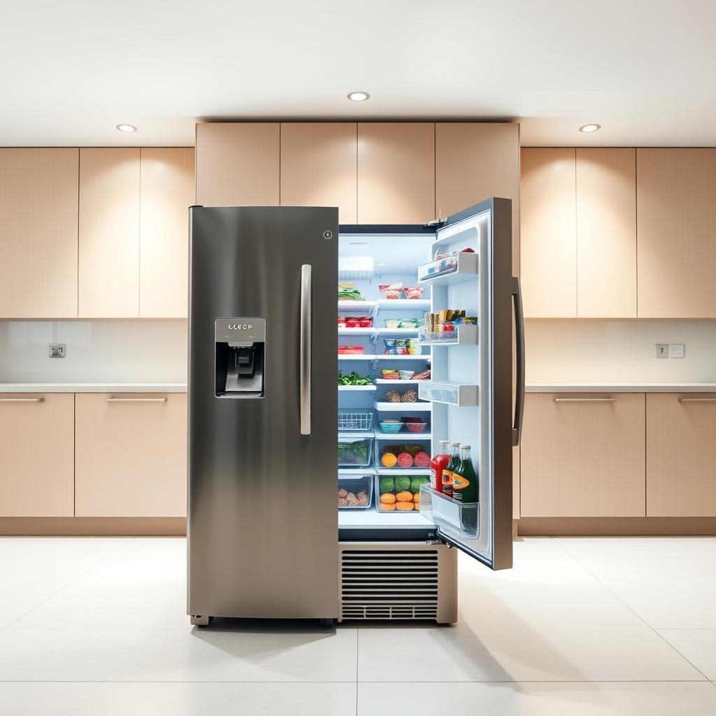 A spotless stainless steel freezer standing in a well-lit, minimalist kitchen. The freezer's door is slightly ajar, revealing the organized interior with neatly stacked frozen goods. Bright, even lighting from overhead fixtures casts a warm glow, highlighting the freezer's sleek, energy-efficient design. The scene conveys a sense of order, efficiency, and environmental consciousness, perfectly suited to illustrate tips for proper freezer care and placement to reduce energy consumption. A spotless stainless steel freezer standing in a well-lit, minimalist kitchen. The freezer's door is slightly ajar, revealing the organized interior with neatly stacked frozen goods. Bright, even lighting from overhead fixtures casts a warm glow, highlighting the freezer's sleek, energy-efficient design. The scene conveys a sense of order, efficiency, and environmental consciousness, perfectly suited to illustrate tips for proper freezer care and placement to reduce energy consumption.
