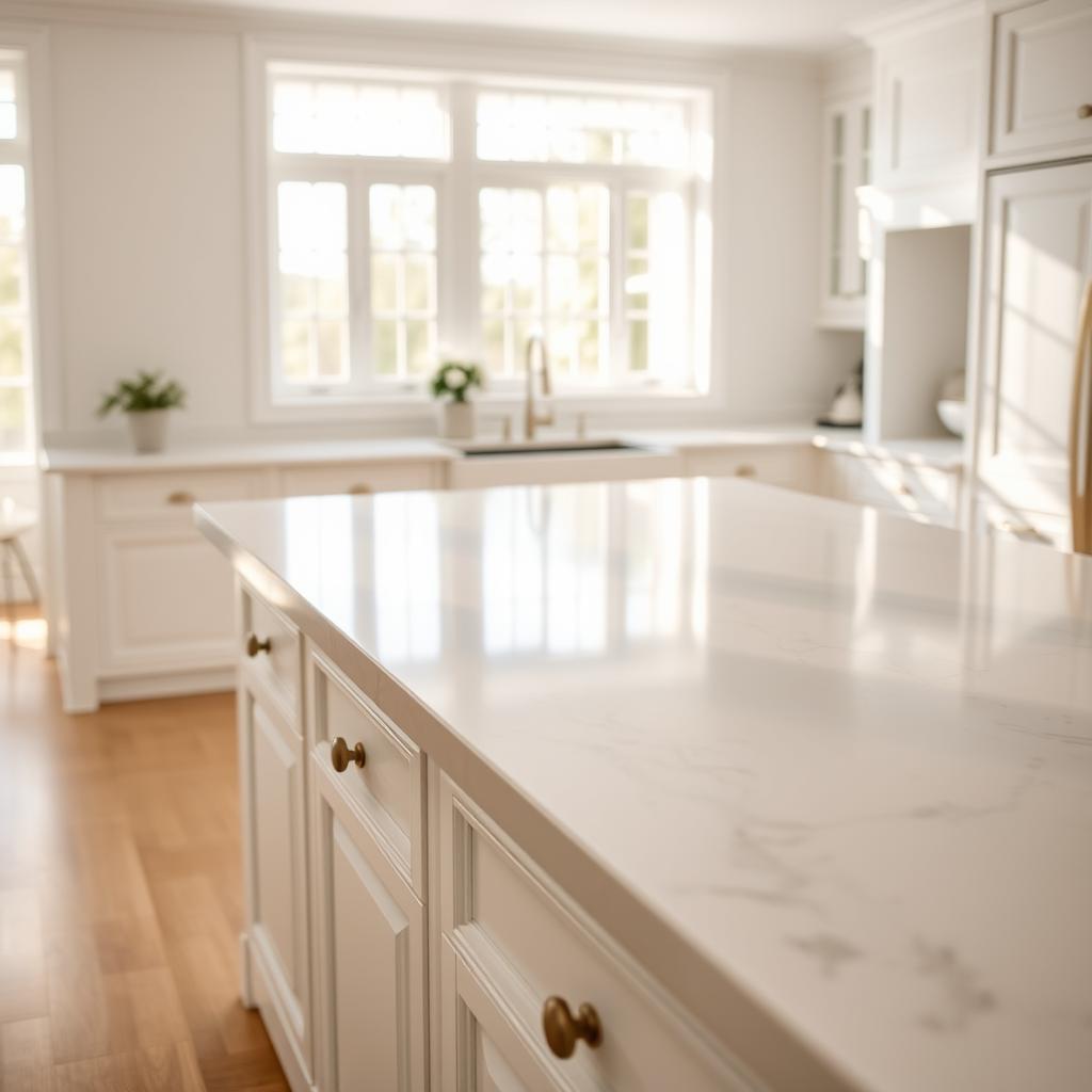 A timeless, elegant countertop in a pristine white kitchen. Crisp, clean marble surface with subtle veining, reflecting the warm glow of soft, natural lighting from large windows. The countertop seamlessly blends with the bright, minimalist cabinets, creating a harmonious, sophisticated atmosphere. Captured from a slightly elevated angle, showcasing the graceful lines and polished finish of the countertop. A serene, inviting scene that embodies the timeless beauty of a white kitchen design. A timeless, elegant countertop in a pristine white kitchen. Crisp, clean marble surface with subtle veining, reflecting the warm glow of soft, natural lighting from large windows. The countertop seamlessly blends with the bright, minimalist cabinets, creating a harmonious, sophisticated atmosphere. Captured from a slightly elevated angle, showcasing the graceful lines and polished finish of the countertop. A serene, inviting scene that embodies the timeless beauty of a white kitchen design.