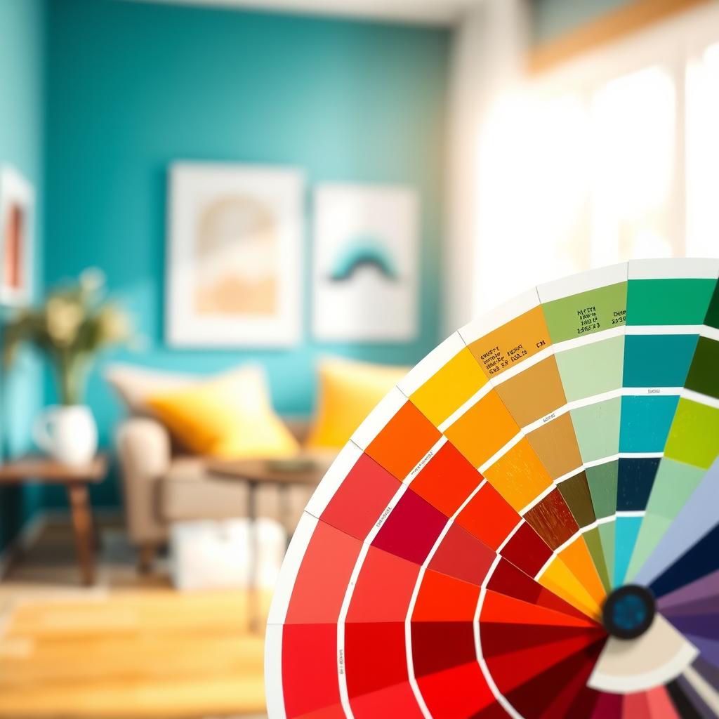 A vibrant color wheel displayed prominently in the foreground, showcasing a spectrum of rich and vivid hues ranging from warm reds and oranges to cool blues and greens. The middle ground features soft paintbrush strokes blending smoothly, symbolizing artistic creativity and choice. In the background, a softly blurred interior setting, perhaps a stylish modern room with accent walls painted in complementary colors, adds context to the color theme. The lighting is bright and natural, streaming in from a nearby window, enhancing the vibrancy of the colors. The overall mood is inspirational and creatively charged, inviting viewers to explore their own palette choices while keeping the focus on the color wheel as a central element. No text, signatures, or watermarks present. A vibrant color wheel displayed prominently in the foreground, showcasing a spectrum of rich and vivid hues ranging from warm reds and oranges to cool blues and greens. The middle ground features soft paintbrush strokes blending smoothly, symbolizing artistic creativity and choice. In the background, a softly blurred interior setting, perhaps a stylish modern room with accent walls painted in complementary colors, adds context to the color theme. The lighting is bright and natural, streaming in from a nearby window, enhancing the vibrancy of the colors. The overall mood is inspirational and creatively charged, inviting viewers to explore their own palette choices while keeping the focus on the color wheel as a central element. No text, signatures, or watermarks present.