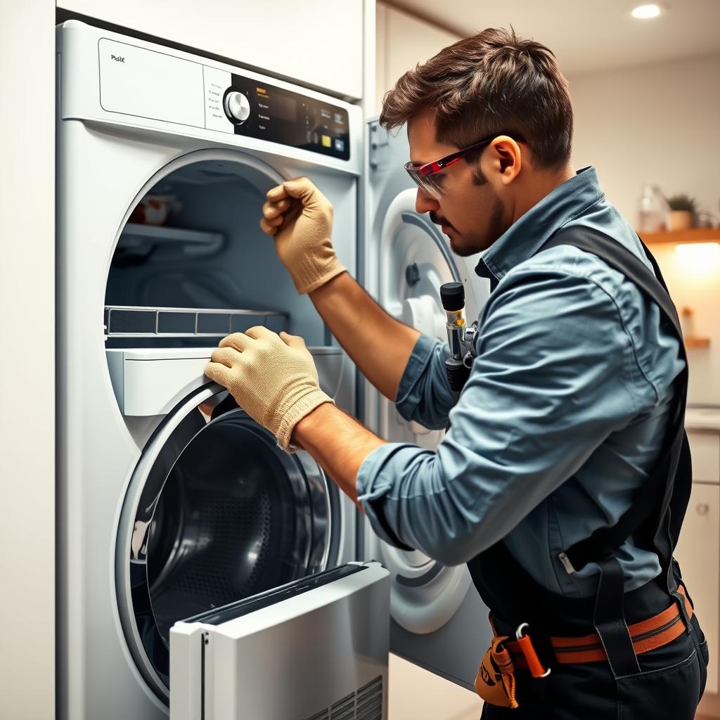 A well-lit, high-resolution photograph of a professional technician carefully installing a major appliance, such as a refrigerator or washing machine, in a modern kitchen setting. The technician is wearing protective gear, including goggles and gloves, and is meticulously following safety protocols, ensuring proper electrical and water connections. In the background, the kitchen is clean, organized, and free of clutter, emphasizing the importance of a safe and controlled work environment. The overall tone is one of professionalism, attention to detail, and a strong focus on the safety of the installation process. A well-lit, high-resolution photograph of a professional technician carefully installing a major appliance, such as a refrigerator or washing machine, in a modern kitchen setting. The technician is wearing protective gear, including goggles and gloves, and is meticulously following safety protocols, ensuring proper electrical and water connections. In the background, the kitchen is clean, organized, and free of clutter, emphasizing the importance of a safe and controlled work environment. The overall tone is one of professionalism, attention to detail, and a strong focus on the safety of the installation process.
