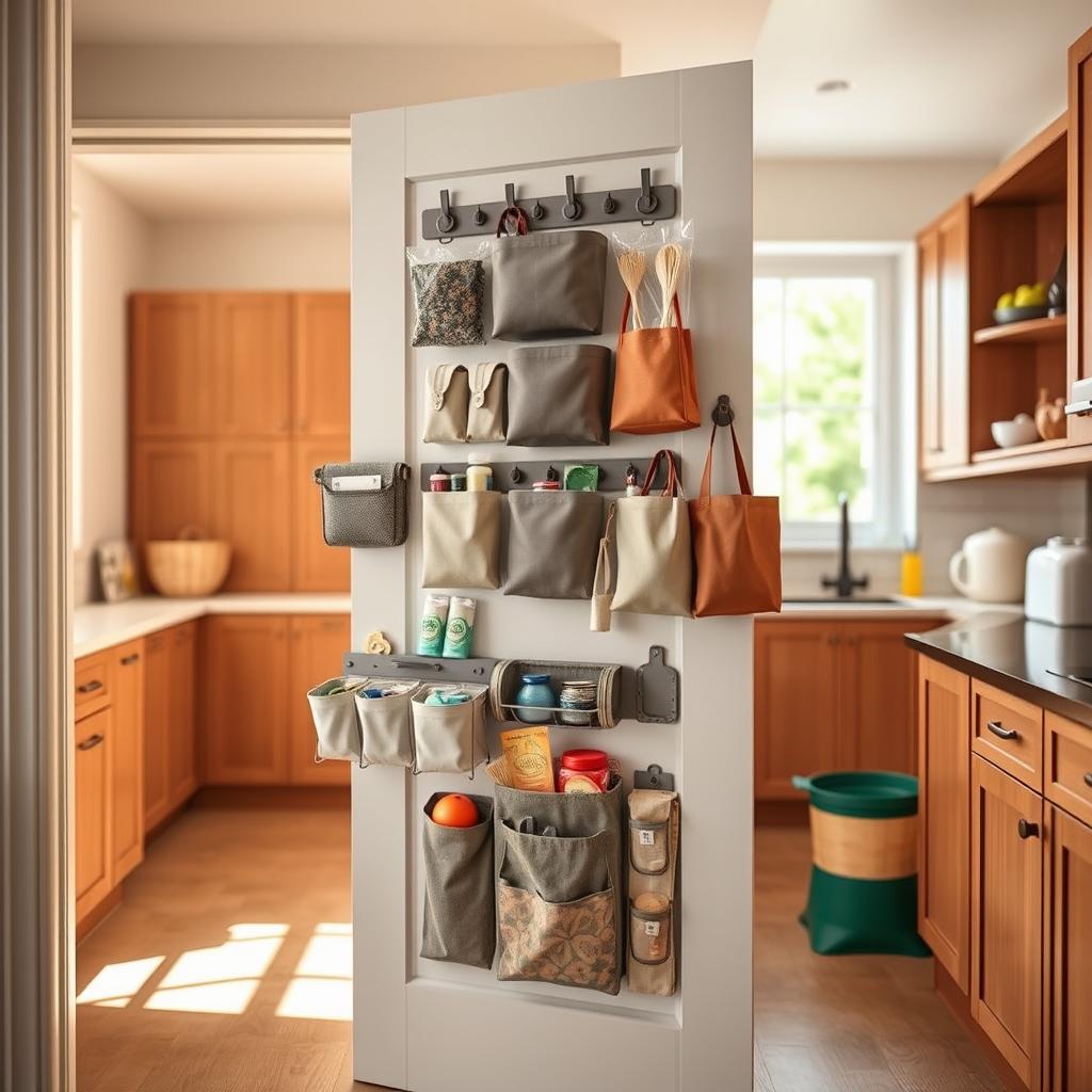 A well-organized door back storage solution, featuring a variety of practical organizers such as clear plastic pockets, fabric pouches, and sturdy hooks. The foreground shows the door back neatly filled with these items, showcasing their functionality and accessibility. The middle includes a glimpse of a stylish, modern kitchen with wooden cabinets and bright, inviting colors that complement the organizers. In the background, soft natural light streams through a nearby window, casting gentle shadows that enhance the spatial feeling of the environment. The atmosphere is warm and efficient, conveying the idea of maximizing space without clutter, perfect for home organization enthusiasts. The angle is slightly above eye level, providing a comprehensive view of the door back's storage capabilities. A well-organized door back storage solution, featuring a variety of practical organizers such as clear plastic pockets, fabric pouches, and sturdy hooks. The foreground shows the door back neatly filled with these items, showcasing their functionality and accessibility. The middle includes a glimpse of a stylish, modern kitchen with wooden cabinets and bright, inviting colors that complement the organizers. In the background, soft natural light streams through a nearby window, casting gentle shadows that enhance the spatial feeling of the environment. The atmosphere is warm and efficient, conveying the idea of maximizing space without clutter, perfect for home organization enthusiasts. The angle is slightly above eye level, providing a comprehensive view of the door back's storage capabilities.