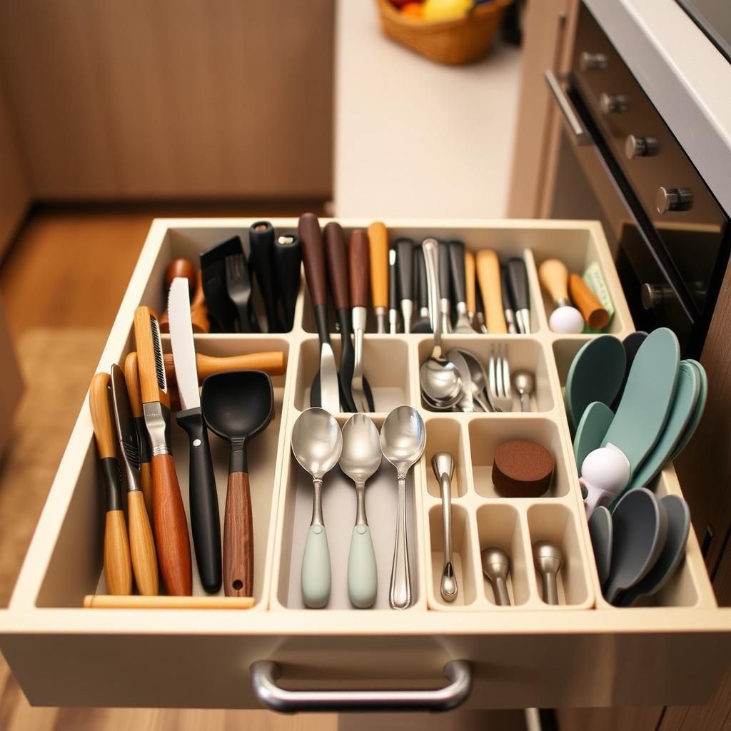 A well-organized kitchen drawer featuring a variety of stylish divider organizers designed to hold utensils, cutlery, and kitchen tools upright. In the foreground, showcase wooden and plastic dividers neatly sectioning off spaces for knives, spatulas, measuring spoons, and other essentials. In the middle, a light-colored drawer reflects modern design with a tidy arrangement, emphasizing practicality and elegance. The background can include faint hints of a cozy kitchen setting, with soft lighting creating a warm atmosphere, enhancing the appeal of efficiently organized storage. The image should be captured from a slight overhead angle, highlighting the functionality of the drawer organizers, while ensuring a clean, inviting look. A well-organized kitchen drawer featuring a variety of stylish divider organizers designed to hold utensils, cutlery, and kitchen tools upright. In the foreground, showcase wooden and plastic dividers neatly sectioning off spaces for knives, spatulas, measuring spoons, and other essentials. In the middle, a light-colored drawer reflects modern design with a tidy arrangement, emphasizing practicality and elegance. The background can include faint hints of a cozy kitchen setting, with soft lighting creating a warm atmosphere, enhancing the appeal of efficiently organized storage. The image should be captured from a slight overhead angle, highlighting the functionality of the drawer organizers, while ensuring a clean, inviting look.