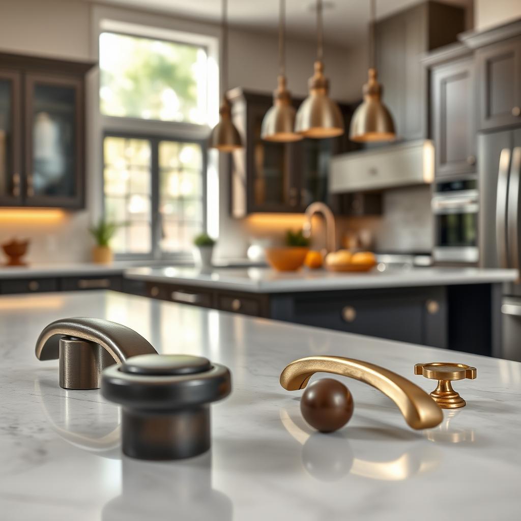 An elegant kitchen setting showcasing a variety of hardware finishes, including brushed nickel, matte black, polished brass, and antique bronze. In the foreground, a close-up view of kitchen cabinet handles and drawer pulls, each reflecting light beautifully, highlighting their textures. In the middle ground, a stylish kitchen island with a modern design and contemporary cabinetry serves as the backdrop, allowing the finishes to stand out. Soft, natural lighting pours in from a nearby window, creating a warm and inviting atmosphere. The angle captures both the artistry of the hardware and the sophisticated kitchen style. The overall mood is of refinement and practicality, suited for homeowners contemplating their hardware choices. An elegant kitchen setting showcasing a variety of hardware finishes, including brushed nickel, matte black, polished brass, and antique bronze. In the foreground, a close-up view of kitchen cabinet handles and drawer pulls, each reflecting light beautifully, highlighting their textures. In the middle ground, a stylish kitchen island with a modern design and contemporary cabinetry serves as the backdrop, allowing the finishes to stand out. Soft, natural lighting pours in from a nearby window, creating a warm and inviting atmosphere. The angle captures both the artistry of the hardware and the sophisticated kitchen style. The overall mood is of refinement and practicality, suited for homeowners contemplating their hardware choices.
