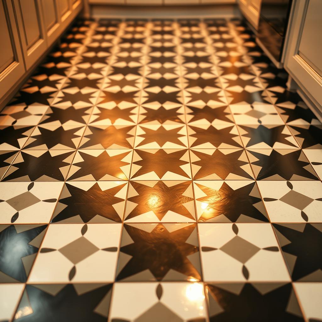 a beautifully detailed, crisp image of a tiled kitchen floor, with a classic and timeless black and white checkered pattern. The tiles are arranged in a precise grid, with sharp edges and a high-gloss finish that reflects the warm lighting from above. The lighting is evenly distributed, creating a well-lit and inviting atmosphere. The camera angle is slightly low, capturing the pattern from an eye-level perspective, emphasizing the visual impact of the bold, contrasting colors. The overall composition is balanced and harmonious, drawing the viewer's attention to the intricate and elegant floor design. a beautifully detailed, crisp image of a tiled kitchen floor, with a classic and timeless black and white checkered pattern. The tiles are arranged in a precise grid, with sharp edges and a high-gloss finish that reflects the warm lighting from above. The lighting is evenly distributed, creating a well-lit and inviting atmosphere. The camera angle is slightly low, capturing the pattern from an eye-level perspective, emphasizing the visual impact of the bold, contrasting colors. The overall composition is balanced and harmonious, drawing the viewer's attention to the intricate and elegant floor design.