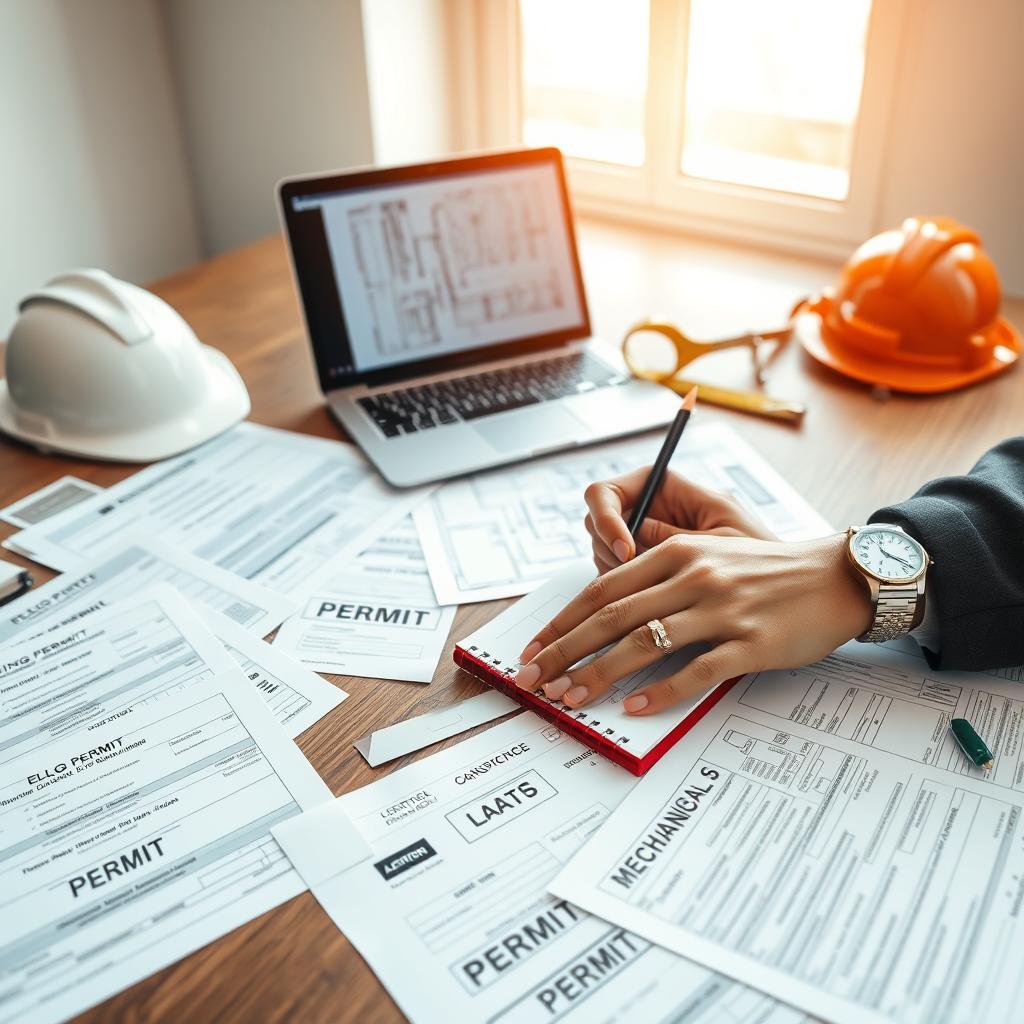 A collection of diverse building permits laid out neatly on a wooden desk, showcasing various styles and formats, including building, electrical, plumbing, and mechanical permits. In the foreground, a pair of professional business hands, wearing a watch and a wedding band, holding a pencil, are jotting down notes on a notepad. The middle ground features a sleek laptop open to a digital blueprint, with a hard hat and measuring tape positioned nearby. The background includes a window through which soft, natural daylight streams in, illuminating the scene with a warm glow, conveying a sense of professionalism and readiness for inspection. The mood is focused and organized, emphasizing preparation and compliance with regulations. A collection of diverse building permits laid out neatly on a wooden desk, showcasing various styles and formats, including building, electrical, plumbing, and mechanical permits. In the foreground, a pair of professional business hands, wearing a watch and a wedding band, holding a pencil, are jotting down notes on a notepad. The middle ground features a sleek laptop open to a digital blueprint, with a hard hat and measuring tape positioned nearby. The background includes a window through which soft, natural daylight streams in, illuminating the scene with a warm glow, conveying a sense of professionalism and readiness for inspection. The mood is focused and organized, emphasizing preparation and compliance with regulations.