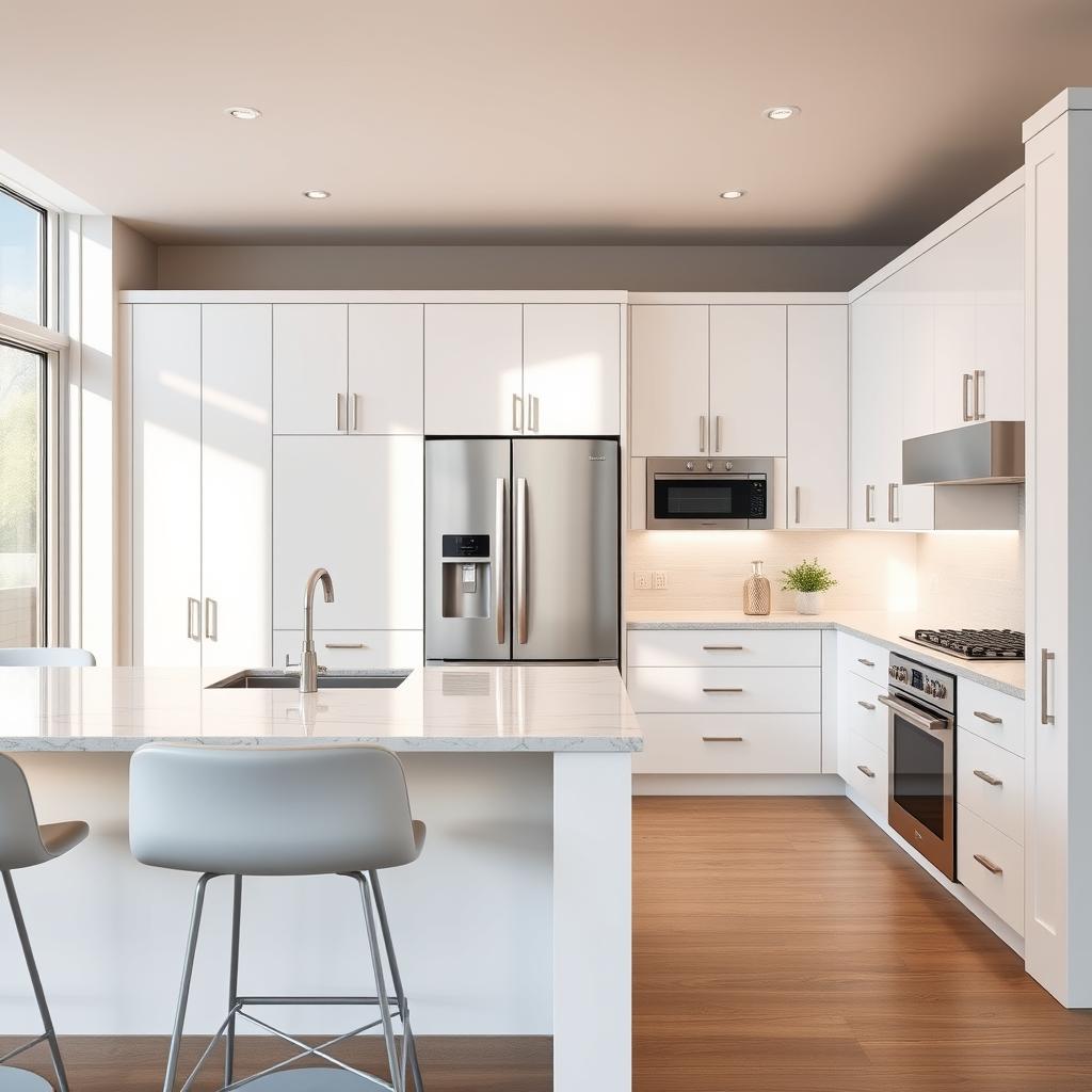 A contemporary kitchen design featuring sleek, flat-panel cabinetry in a soft white finish, accented by minimalistic brushed nickel hardware. The countertops are a polished marble with subtle gray veining, reflecting ambient light. In the foreground, a stylish kitchen island showcases modern bar stools with a minimalist design. The middle section highlights built-in appliances, such as a stainless steel refrigerator and an integrated oven, seamlessly blending into the cabinetry. The background reveals large windows allowing natural light to flood the space, enhancing the airy atmosphere. Soft, warm lighting illuminates the room, creating a welcoming ambiance. Capture the scene from a slightly elevated angle, emphasizing the clean lines and refined materials that define contemporary kitchen aesthetics. A contemporary kitchen design featuring sleek, flat-panel cabinetry in a soft white finish, accented by minimalistic brushed nickel hardware. The countertops are a polished marble with subtle gray veining, reflecting ambient light. In the foreground, a stylish kitchen island showcases modern bar stools with a minimalist design. The middle section highlights built-in appliances, such as a stainless steel refrigerator and an integrated oven, seamlessly blending into the cabinetry. The background reveals large windows allowing natural light to flood the space, enhancing the airy atmosphere. Soft, warm lighting illuminates the room, creating a welcoming ambiance. Capture the scene from a slightly elevated angle, emphasizing the clean lines and refined materials that define contemporary kitchen aesthetics.