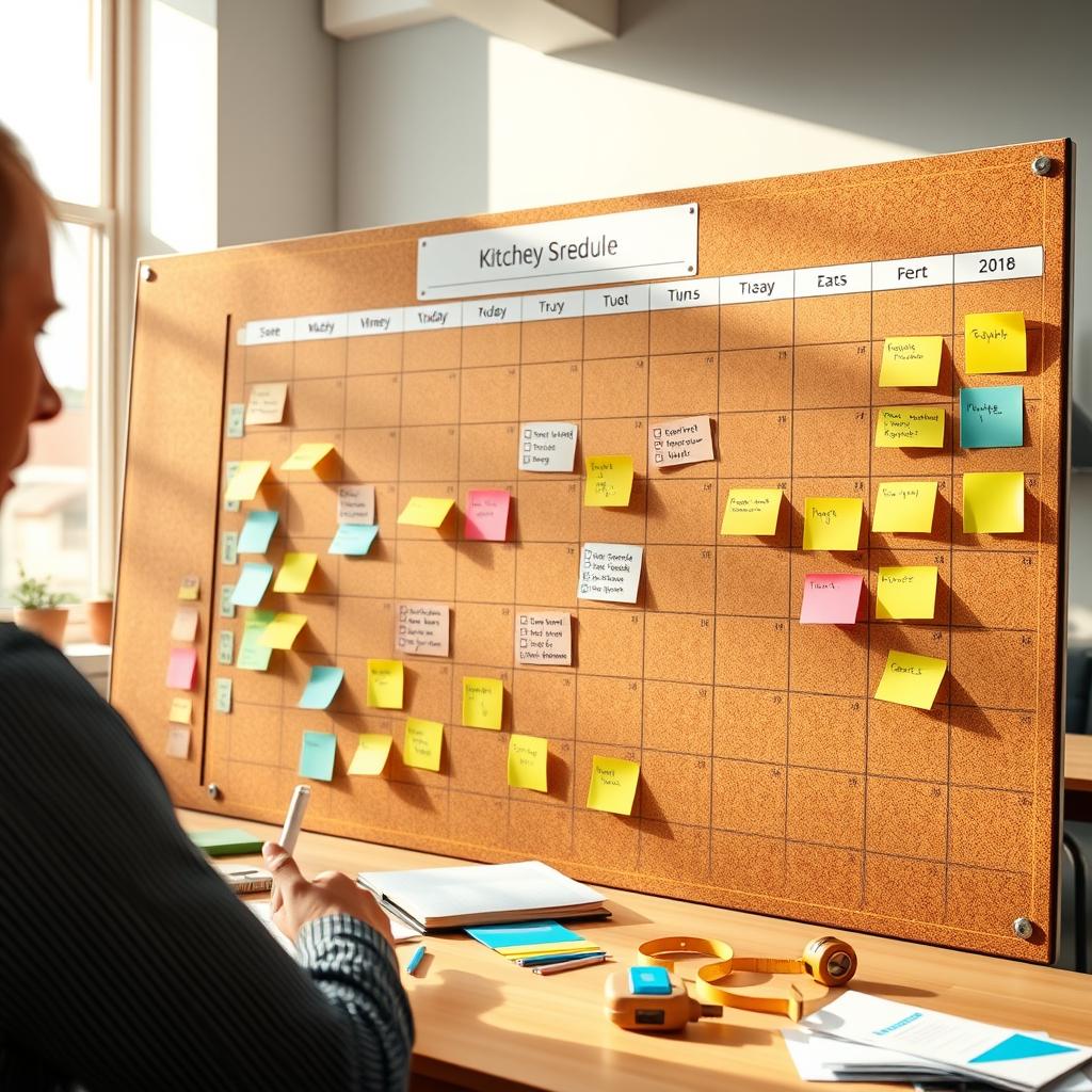 A detailed project schedule for a kitchen remodel, displayed on a large corkboard in a well-lit, modern workspace. In the foreground, colorful sticky notes represent different tasks with checkboxes beside them, showing progress. In the middle, there is a large wall calendar marked with key milestones, deadlines, and buffer periods to ensure the project stays on track. In the background, tools like a measuring tape, planner, and color swatches are neatly arranged, hinting at the planning process. Soft natural lighting streams in from a nearby window, casting warm tones over the scene, creating a focused and organized atmosphere, ideal for teamwork and communication. The angle captures the overall essence of planning, with a sense of professionalism and efficiency. A detailed project schedule for a kitchen remodel, displayed on a large corkboard in a well-lit, modern workspace. In the foreground, colorful sticky notes represent different tasks with checkboxes beside them, showing progress. In the middle, there is a large wall calendar marked with key milestones, deadlines, and buffer periods to ensure the project stays on track. In the background, tools like a measuring tape, planner, and color swatches are neatly arranged, hinting at the planning process. Soft natural lighting streams in from a nearby window, casting warm tones over the scene, creating a focused and organized atmosphere, ideal for teamwork and communication. The angle captures the overall essence of planning, with a sense of professionalism and efficiency.