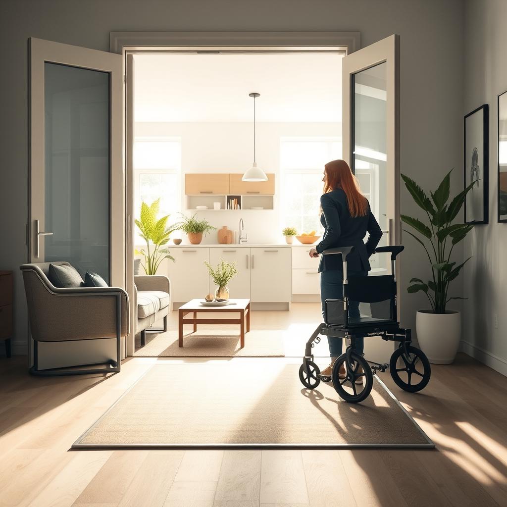 A modern, accessible living space designed for inclusivity, showcasing a wide doorway with a gentle ramp leading inside. In the foreground, there's a comfortable seating area with ergonomic chairs and a coffee table, arranged to encourage social interaction. The middle features an open-plan kitchen with lower countertops and grab bars, symbolizing safety and functionality. Bright, natural light streams through large windows, illuminating the space, with soft shadows creating a warm atmosphere. In the background, potted plants add a touch of nature and vibrancy. A person in professional attire is using a mobility aid, demonstrating ease and independence in navigating the environment. The overall mood conveys comfort, safety, and empowerment for all lifestyles. A modern, accessible living space designed for inclusivity, showcasing a wide doorway with a gentle ramp leading inside. In the foreground, there's a comfortable seating area with ergonomic chairs and a coffee table, arranged to encourage social interaction. The middle features an open-plan kitchen with lower countertops and grab bars, symbolizing safety and functionality. Bright, natural light streams through large windows, illuminating the space, with soft shadows creating a warm atmosphere. In the background, potted plants add a touch of nature and vibrancy. A person in professional attire is using a mobility aid, demonstrating ease and independence in navigating the environment. The overall mood conveys comfort, safety, and empowerment for all lifestyles.