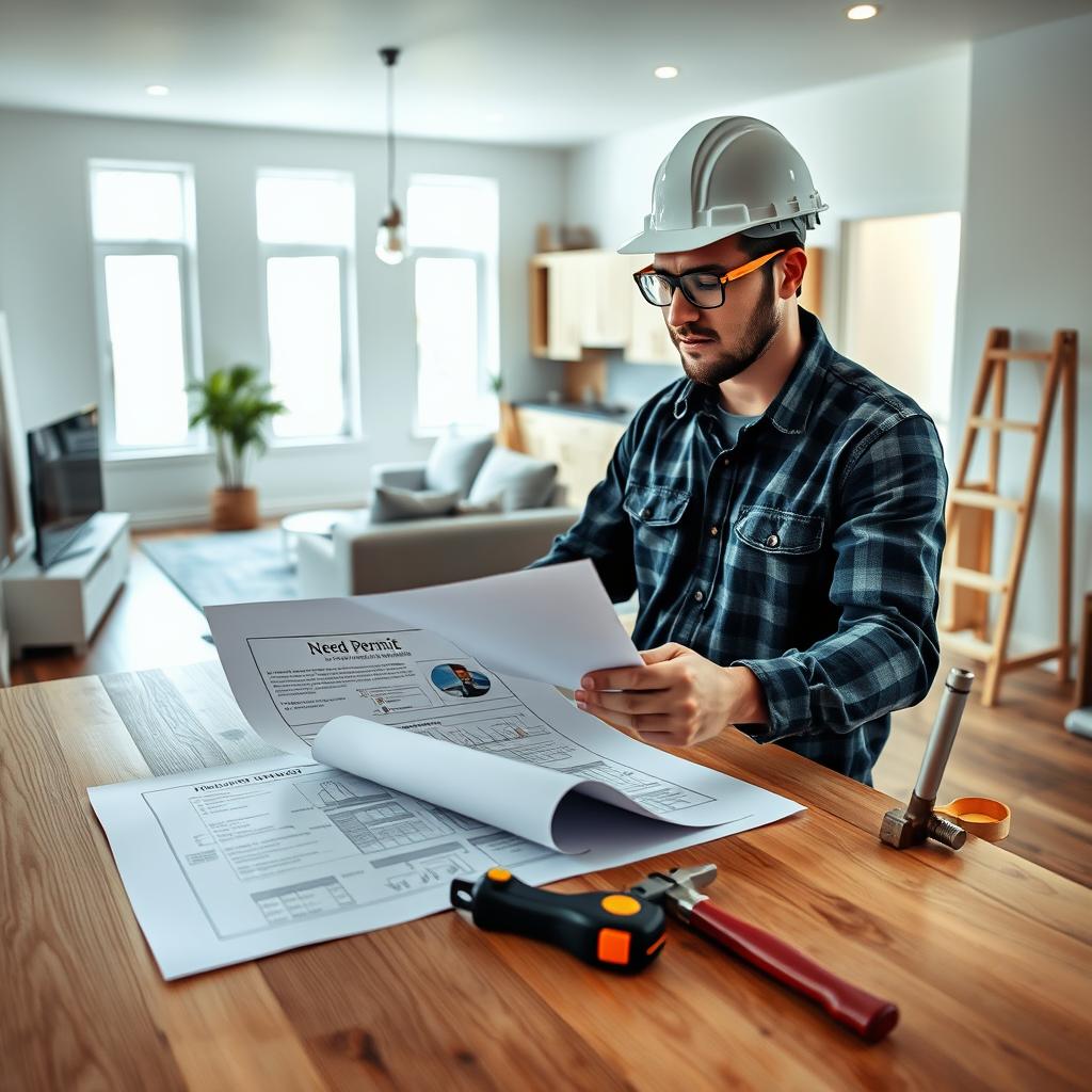 A modern home improvement scene depicting a well-organized workspace. In the foreground, a professional contractor is examining a blueprints document titled "Need Permit" on a clean, wooden table, wearing a hard hat and safety glasses. In the middle, tools like a measuring tape, level, and hammer are neatly arranged. The background shows a partially remodeled living room, hints of fresh paint on the walls, new cabinetry waiting for installation, and a large window letting in natural light that creates a bright, welcoming atmosphere. The overall mood conveys professionalism and preparedness, emphasizing the importance of understanding permit requirements before starting DIY projects. The image is shot from a slightly elevated angle to capture depth and detail. A modern home improvement scene depicting a well-organized workspace. In the foreground, a professional contractor is examining a blueprints document titled "Need Permit" on a clean, wooden table, wearing a hard hat and safety glasses. In the middle, tools like a measuring tape, level, and hammer are neatly arranged. The background shows a partially remodeled living room, hints of fresh paint on the walls, new cabinetry waiting for installation, and a large window letting in natural light that creates a bright, welcoming atmosphere. The overall mood conveys professionalism and preparedness, emphasizing the importance of understanding permit requirements before starting DIY projects. The image is shot from a slightly elevated angle to capture depth and detail.