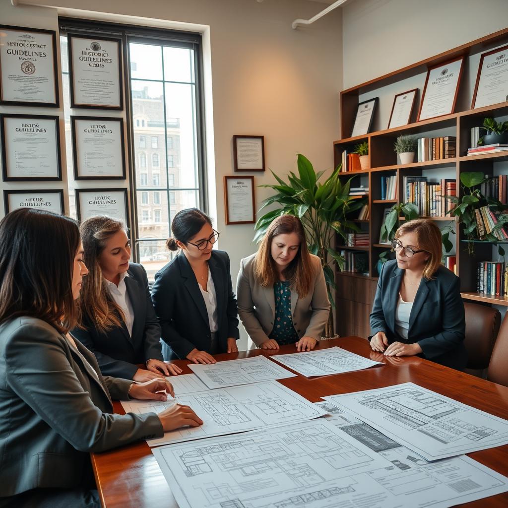 A serene and organized office setting focused on an approval process for historic renovations. In the foreground, a diverse group of professionals in business attire engaged in discussion, surrounded by blueprints and architectural plans on a polished wooden table. In the middle, a large window allows natural light to stream in, illuminating a wall with framed historic district guidelines and certificates. The background features shelves filled with books on architecture and history, alongside potted plants that add a touch of greenery. The mood is collaborative and focused, with a touch of professionalism, suggesting the importance of teamwork in navigating complex codes. Shot from a slightly elevated angle to capture both the group and the surrounding details, with soft, warm lighting creating an inviting atmosphere. A serene and organized office setting focused on an approval process for historic renovations. In the foreground, a diverse group of professionals in business attire engaged in discussion, surrounded by blueprints and architectural plans on a polished wooden table. In the middle, a large window allows natural light to stream in, illuminating a wall with framed historic district guidelines and certificates. The background features shelves filled with books on architecture and history, alongside potted plants that add a touch of greenery. The mood is collaborative and focused, with a touch of professionalism, suggesting the importance of teamwork in navigating complex codes. Shot from a slightly elevated angle to capture both the group and the surrounding details, with soft, warm lighting creating an inviting atmosphere.