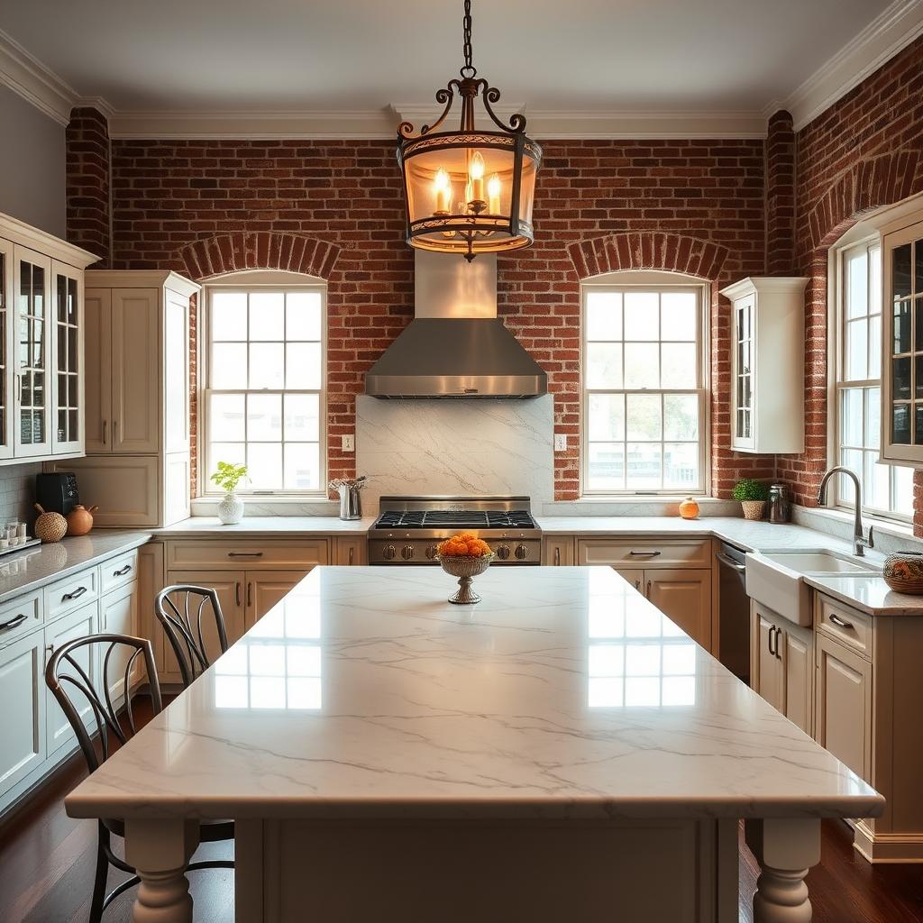 A stunning kitchen remodel in a historic district, showcasing a blend of modern design and classic architectural elements. In the foreground, a spacious island made of polished marble with elegant bar stools, flanked by vintage-style cabinetry painted in soft pastels. The middle ground features a sleek gas stove and traditional farmhouse sink, while an antique light fixture casts warm, inviting lighting over the scene. The background reveals exposed brick walls and large windows with intricate trim, allowing natural light to flood the space. The atmosphere is cozy and welcoming, perfect for family gatherings. The image is captured from a slightly elevated angle, emphasizing the layout and material choices, using soft focus to create a dreamy ambiance. A stunning kitchen remodel in a historic district, showcasing a blend of modern design and classic architectural elements. In the foreground, a spacious island made of polished marble with elegant bar stools, flanked by vintage-style cabinetry painted in soft pastels. The middle ground features a sleek gas stove and traditional farmhouse sink, while an antique light fixture casts warm, inviting lighting over the scene. The background reveals exposed brick walls and large windows with intricate trim, allowing natural light to flood the space. The atmosphere is cozy and welcoming, perfect for family gatherings. The image is captured from a slightly elevated angle, emphasizing the layout and material choices, using soft focus to create a dreamy ambiance.